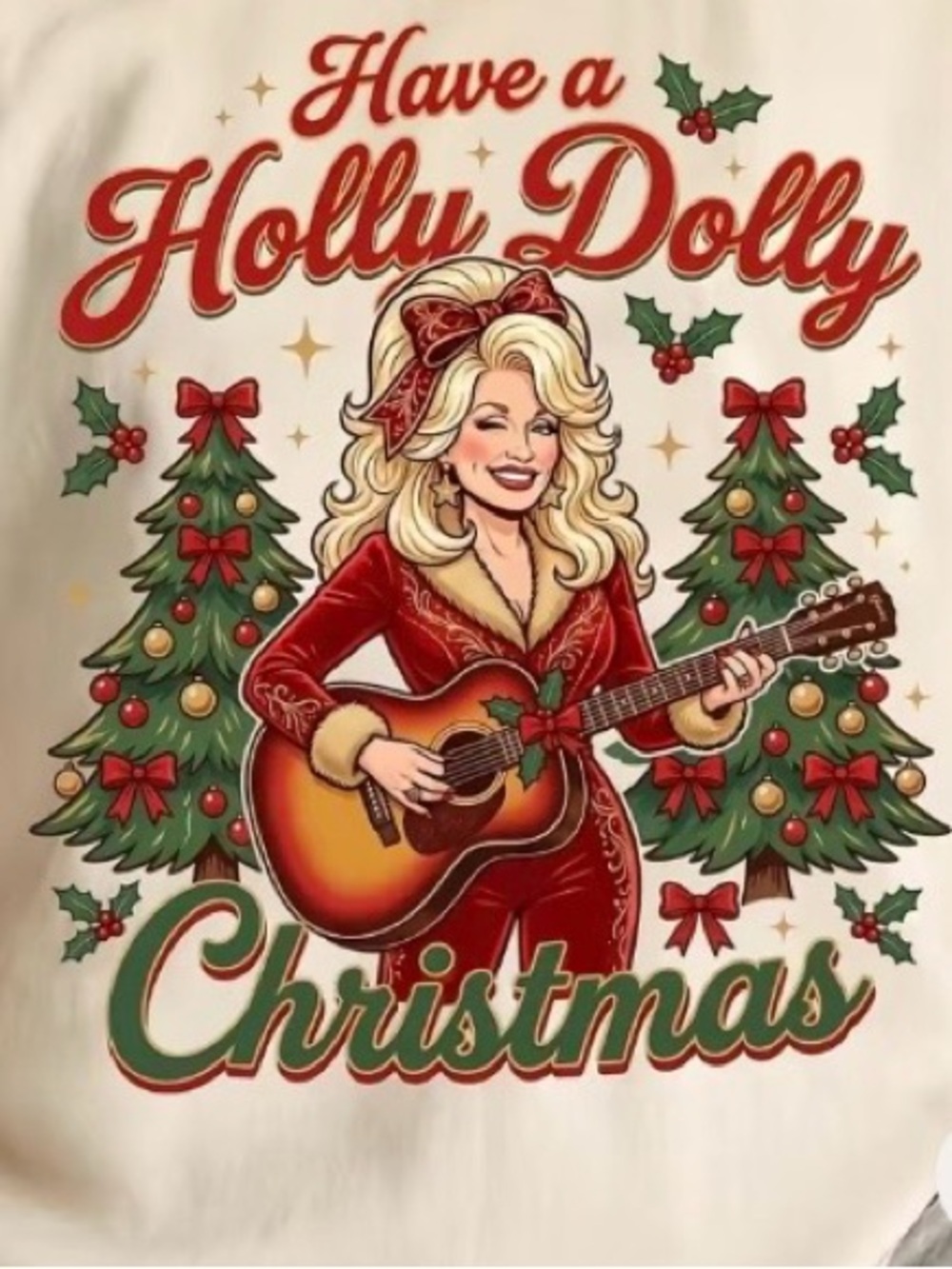 Gildan Cream "Have a Holly Dolly Christmas" Graphic Tee, Dolly Christmas Shirt - Picture 2 of 3